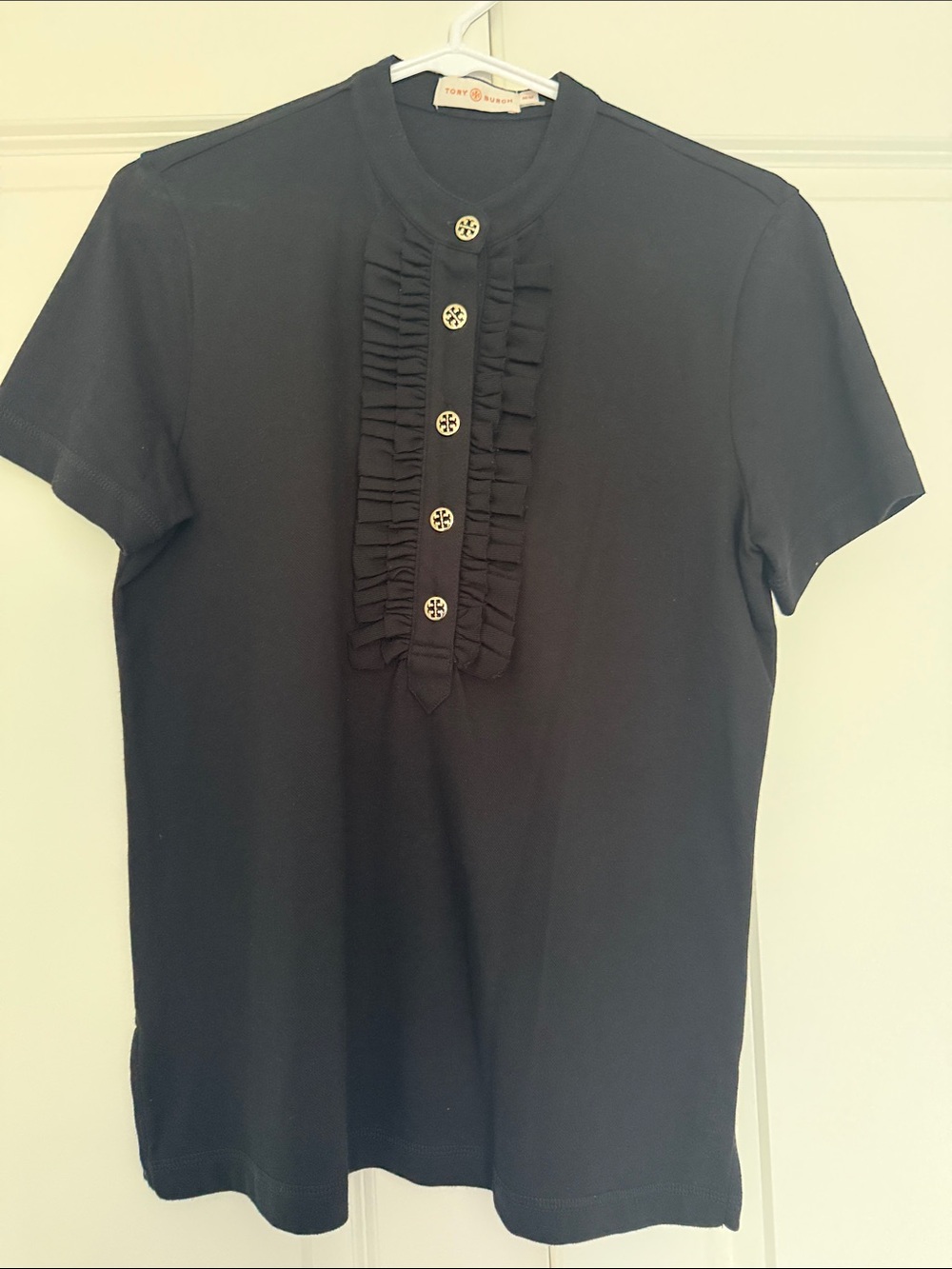 NWOT Tory Burch Emily Pique Polo Ruffle Placket Top with Logo Buttons